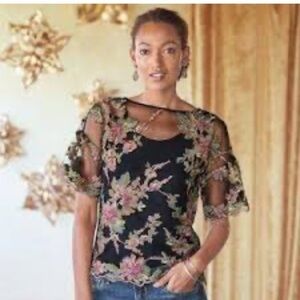 Sundance Embroidered Shear Lace Floral Boho Blouse Top 2 piece set Medium